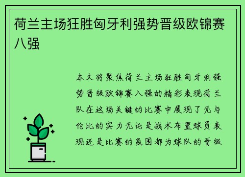 荷兰主场狂胜匈牙利强势晋级欧锦赛八强 荷兰主场狂胜匈牙利强势晋级欧锦赛八强