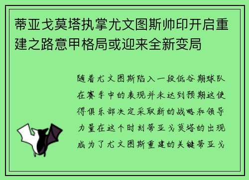 蒂亚戈莫塔执掌尤文图斯帅印开启重建之路意甲格局或迎来全新变局 蒂亚戈莫塔执掌尤文图斯帅印开启重建之路意甲格局或迎来全新变局
