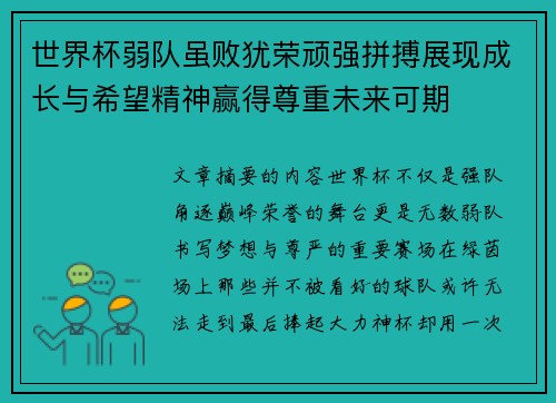 世界杯弱队虽败犹荣顽强拼搏展现成长与希望精神赢得尊重未来可期